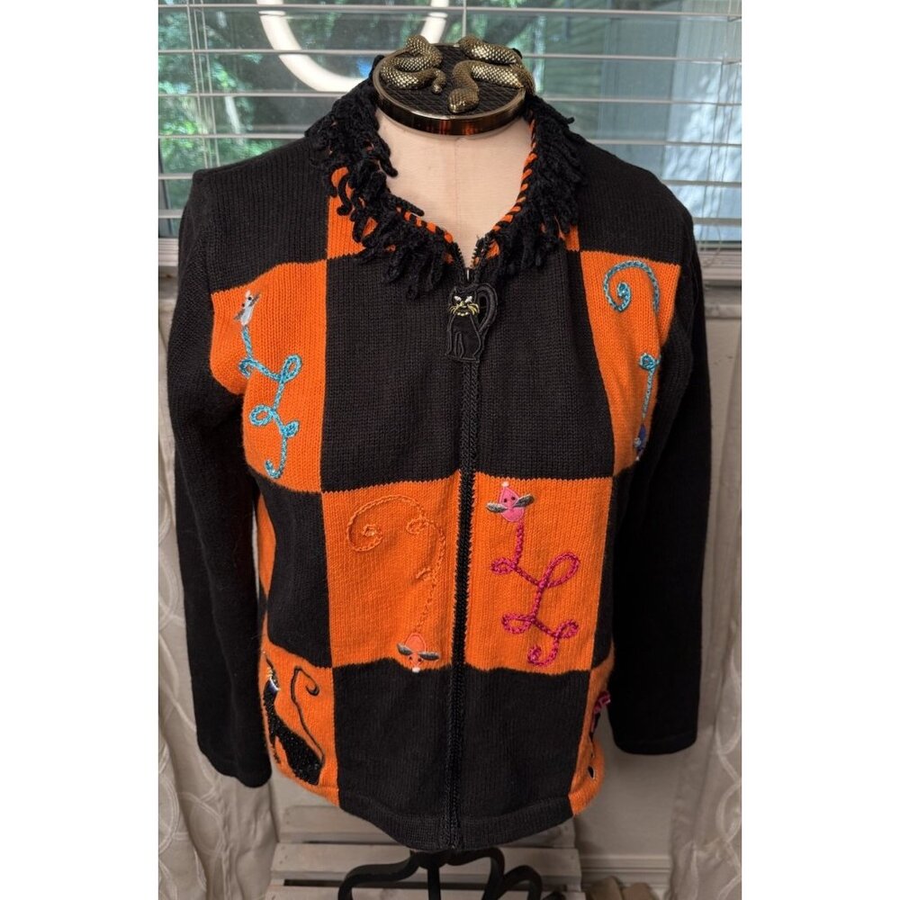 Vtg Novelty Fall Spooky Cat Berek Hand Knit Embroidered  Zip Sweater Cardigan M